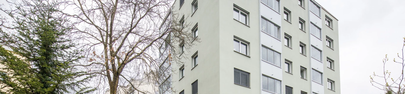 Mehrgeschossiges hellgrünes Gebäude mit vielen Fenstern und Balkonen, umgeben von Bäumen und einer Grünfläche mit einem geschwungenen Weg an einem bewölkten Tag (Römerstraße).
