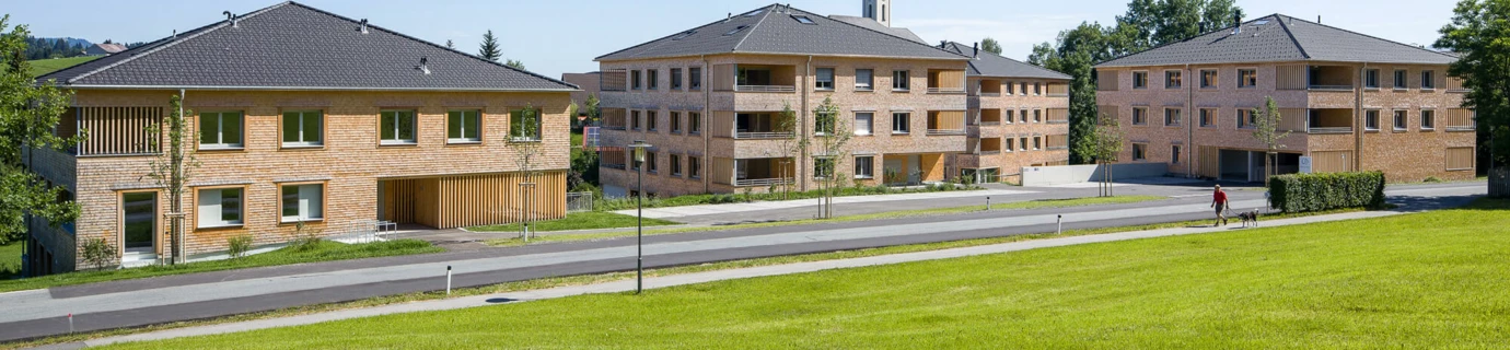 Wohnanlage Schwarzen in Alberschwende mit mehreren modernen Mehrfamilienhäusern aus Holz unter blauem Himmel, eine Person geht mit Hund spazieren.