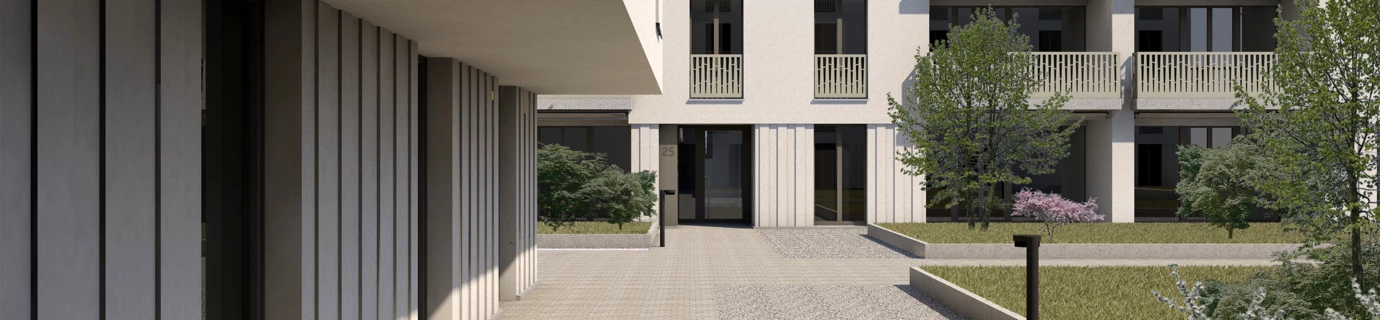 Blick auf den gepflasterten Innenhof und Zugang zu Haus 31 eines modernen Wohnkomplexes mit Balkonen und begrünten Flächen in Rapperswil-Jona.