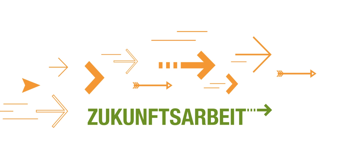 Zahlreiche grüne und orangefarbene Pfeile zeigen auf weißem Hintergrund nach rechts und umrahmen das grüne Wort ZUKUNFTSARBEIT.