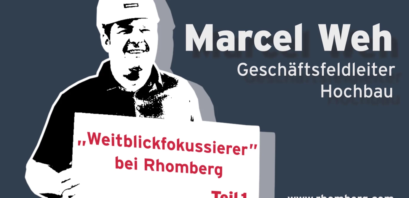 Marcel Weh, Geschäftsfeldleiter Hochbau, als Comicfigur mit "Weitblickfokussierer" bei Rhomberg, Teil 1