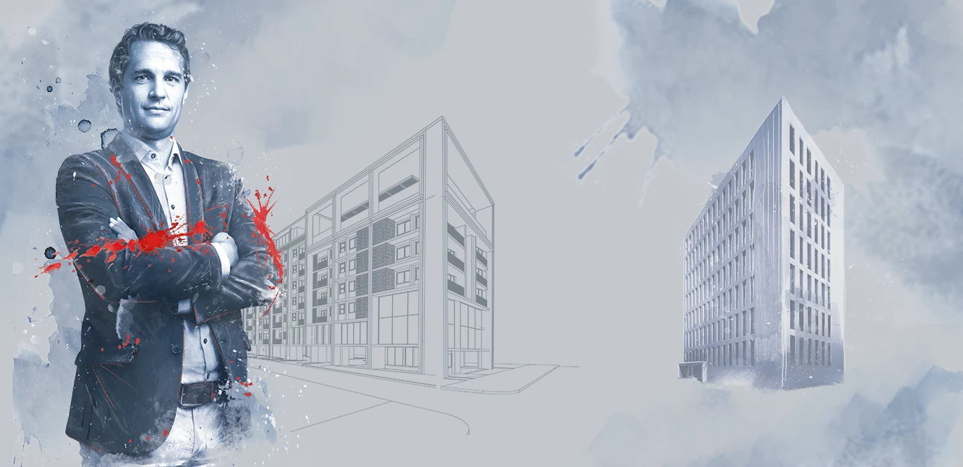 Tobias Vonach, ein Mann in Anzug und Hemd, auf einem abstrakten Hintergrund mit Architekturskizzen und Gebäuden.