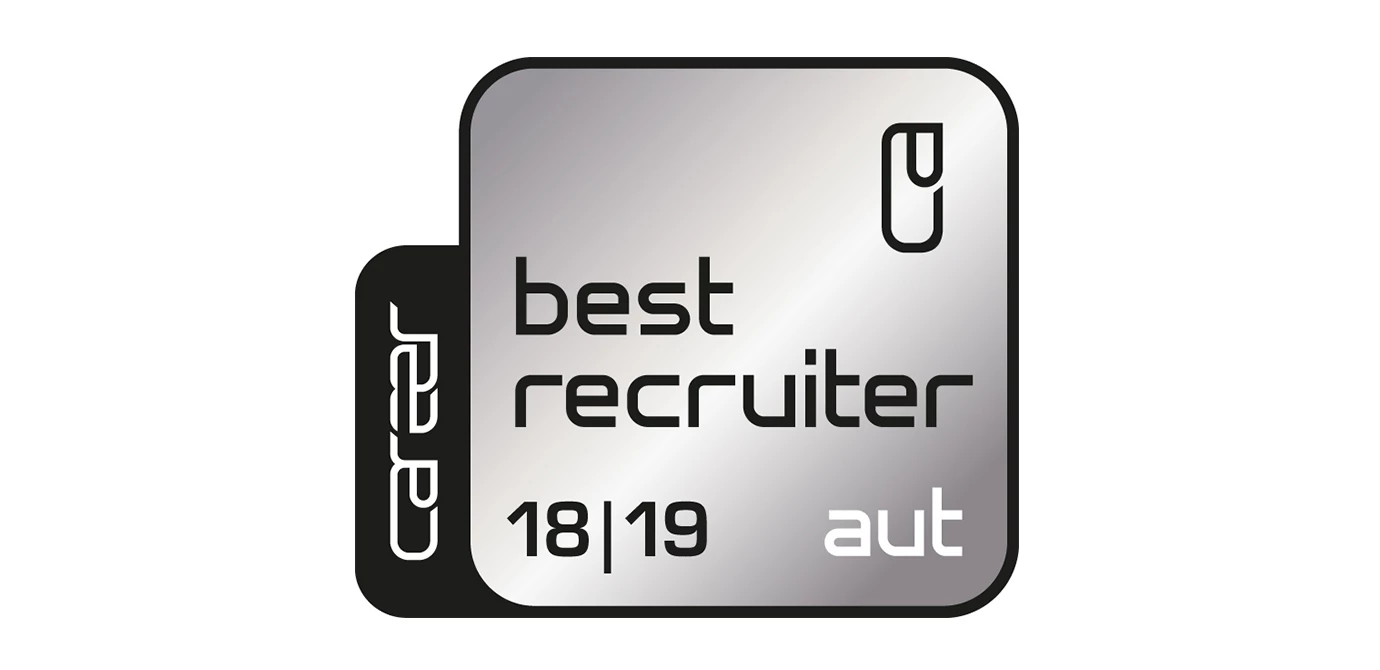 Logo "Best Recruiter" in Schwarz-Grau mit den Jahreszahlen 18|19 und der Abkürzung "aut" für Österreich