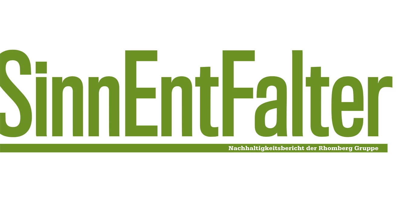 Grüner Schriftzug "SinnEntFalter" mit Untertitel "Nachhaltigkeitsbericht der Rhomberg Gruppe" auf weißem Hintergrund