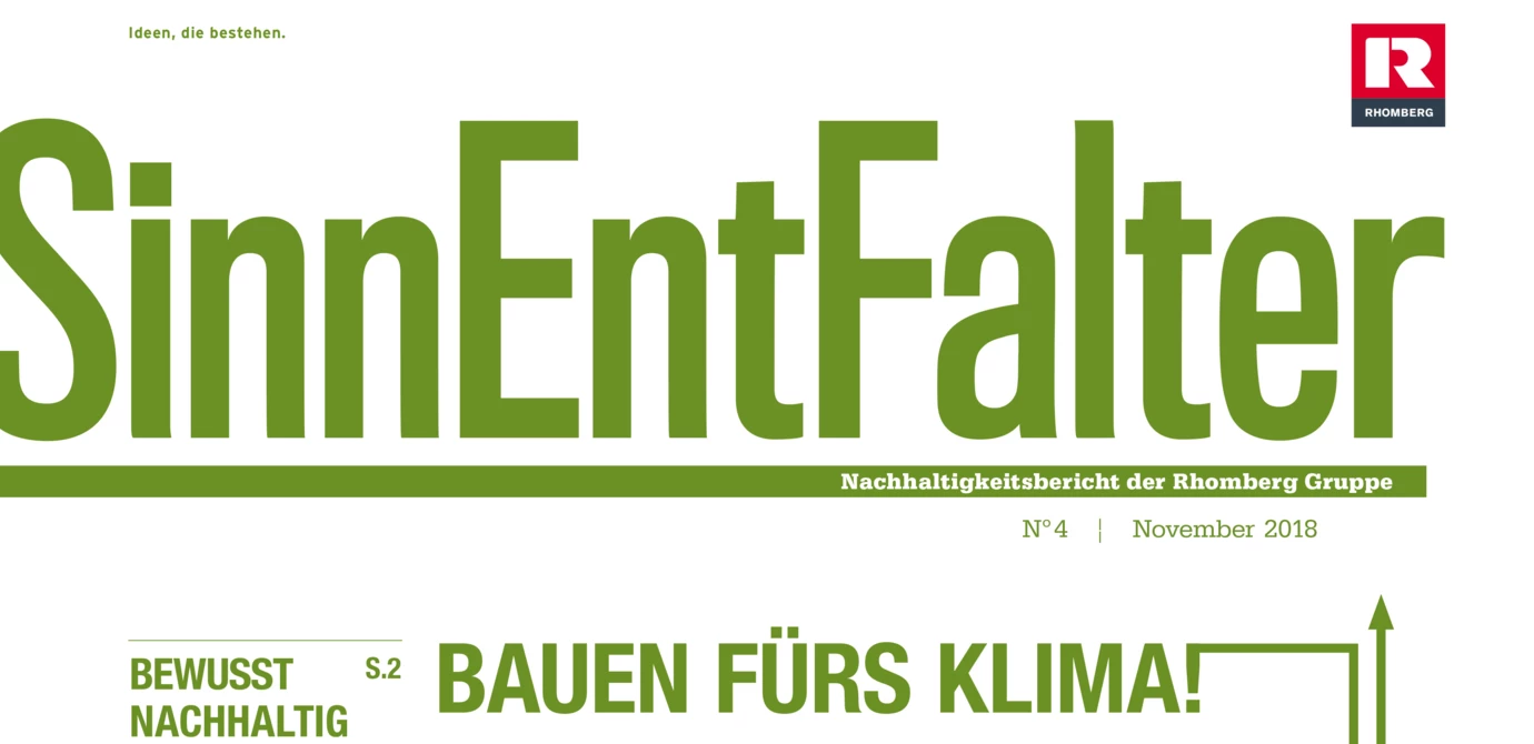Titelblatt des Rhomberg Gruppe Nachhaltigkeitsberichts „SinnEntFalter“ von November 2018 mit Bildern zu Bauen, Digitalisierung und Umwelt.