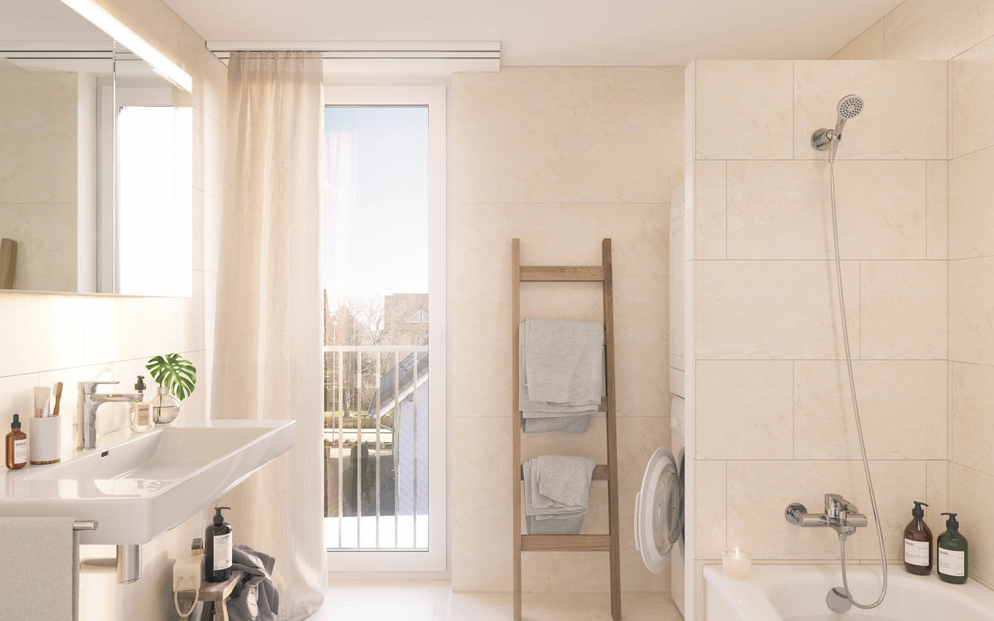 Modernes Badezimmer mit Waschtisch, Spiegel, Badewanne und Dusche in beigen Fliesen, mit Balkontür und Handtuchleiter in Egerkingen.