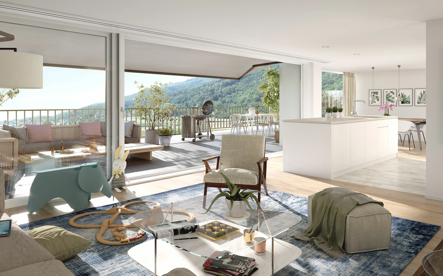 Modernes Wohnzimmer mit offener Küche und grossem Balkon mit Bergblick in Egerkingen.