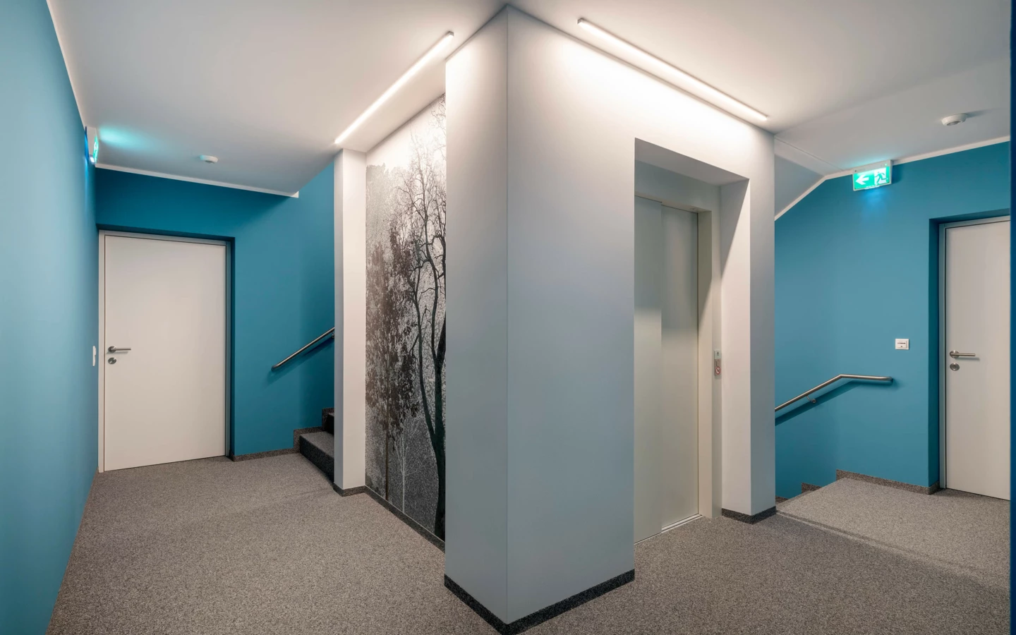Moderner Hausflur in der Wohnanlage Zürcherstrasse Bludenz mit blauen Wänden, Aufzug, Türen, Treppe und einer Wandgestaltung mit Baum-Motiv (Gang).