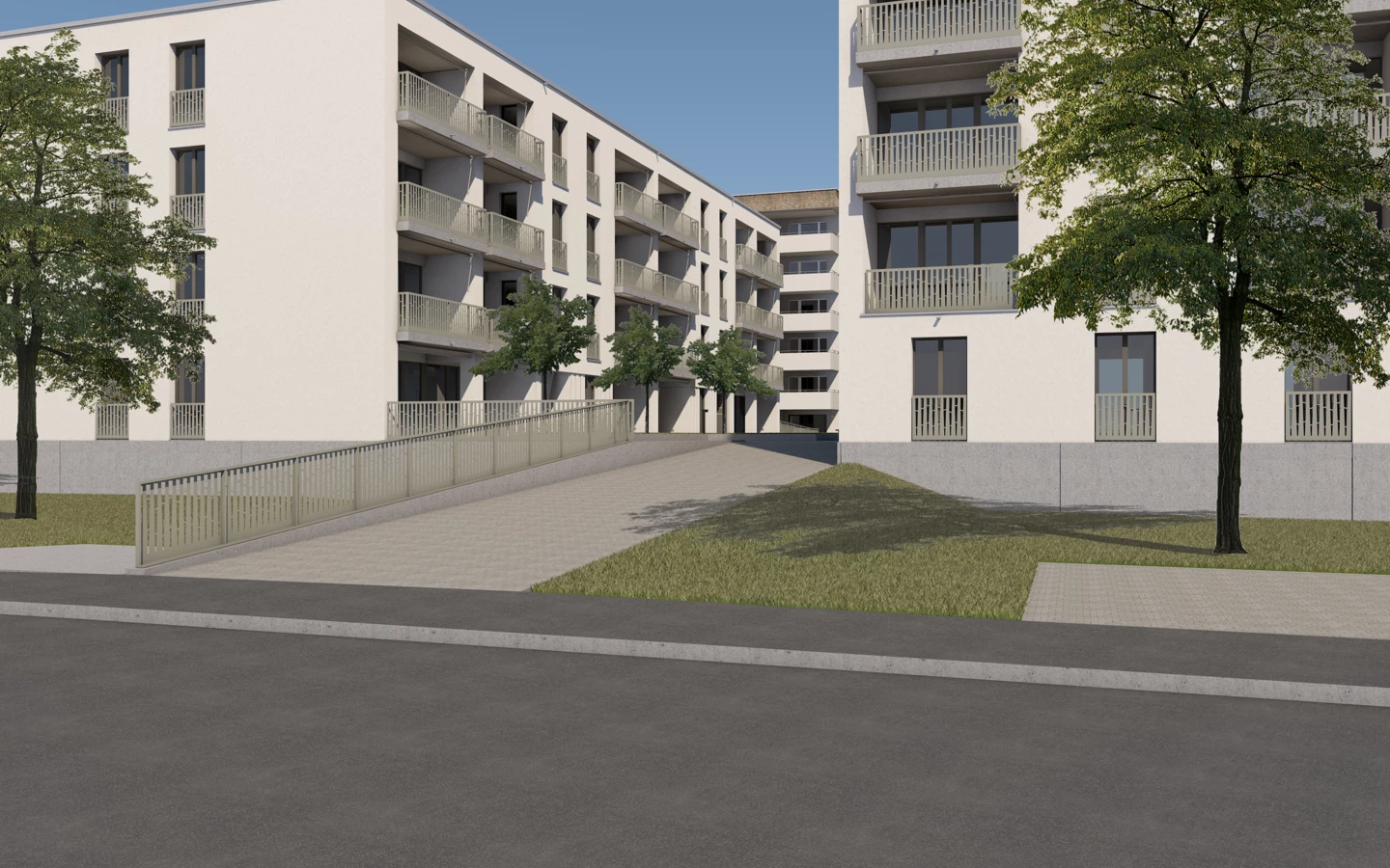 Mehrere weiße Apartmentgebäude mit Balkonen, durch eine Rampe und kleine Bäume getrennt, am Projekt Rapperswil-Jona.