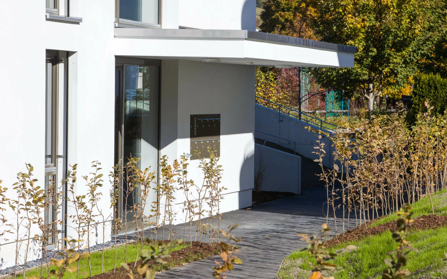 Eingangsbereich der Wohnanlage Wolf-Huber-Straße, Feldkirch an einem sonnigen Herbsttag mit jungen Bäumen im Vordergrund.