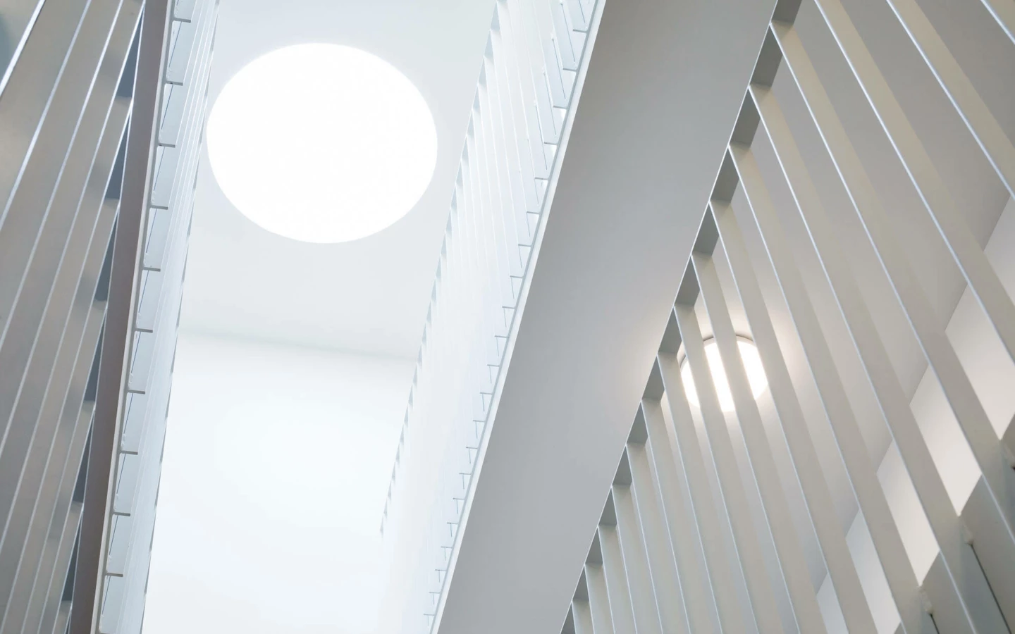 Blick nach oben in ein Treppenhaus mit hellem Treppengeländer und einem runden Oberlicht an der Decke (Wuhrbaumweg, Wohnanlage).
