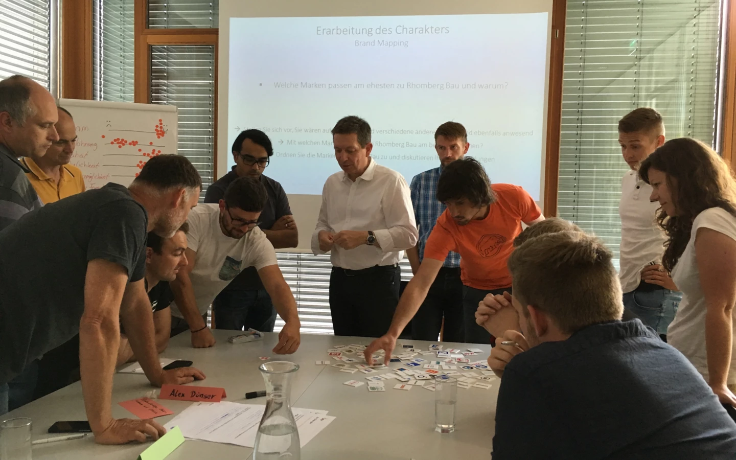 Eine Gruppe von Menschen arbeitet bei einem Workshop am Tisch, mit "Erarbeitung des Charakters" und "Brand Mapping" auf einer Projektionsfläche.