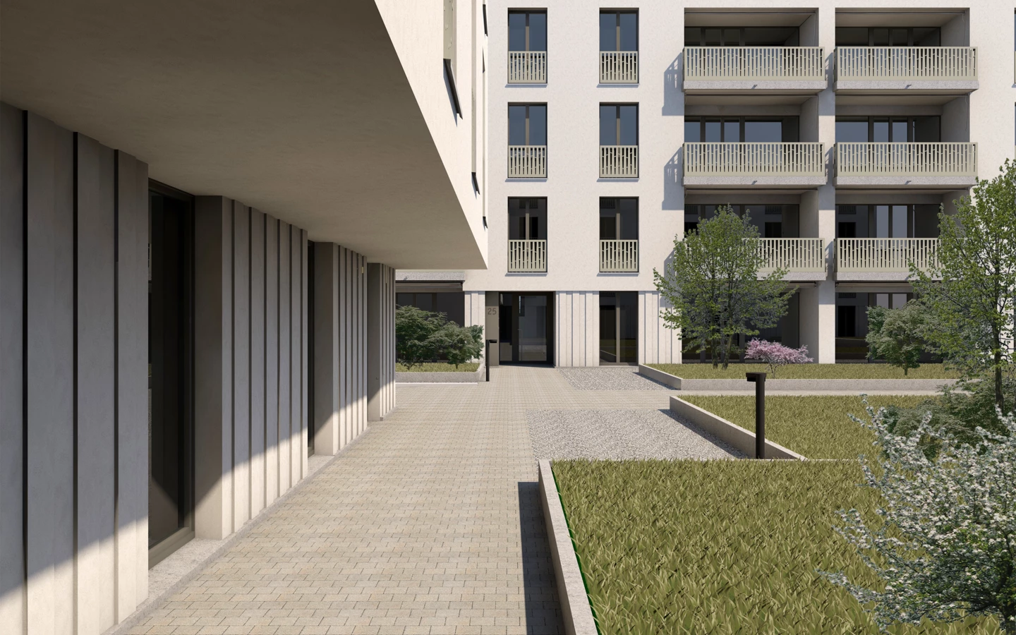 Blick auf den gepflasterten Innenhof und Zugang zu Haus 31 eines modernen Wohnkomplexes mit Balkonen und begrünten Flächen in Rapperswil-Jona.