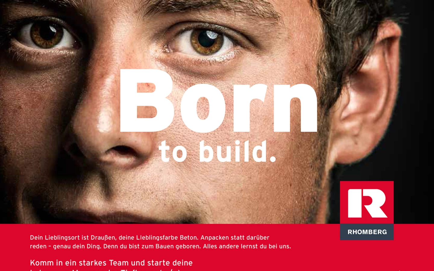 Nahaufnahme eines Männergesichts mit Text „Born to build“ und Lehrstellenhinweis
