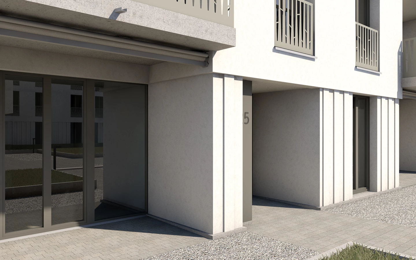 Eingang zu Haus 25, eine moderne minimalistische Fassade mit großen Glasfronten und der Nummer 5 (Rapperswil, Jona).