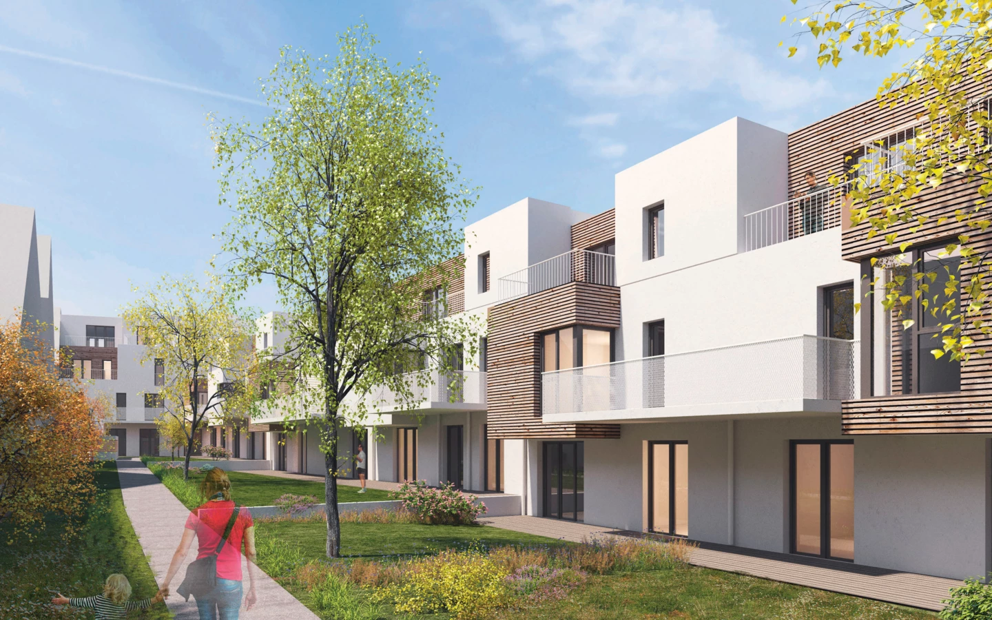 Natur in der Stadt – realisiert durch Grünflächen und den Einsatz von Holz.