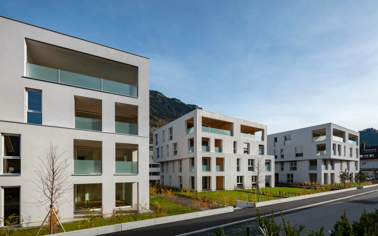 Moderne Wohnanlage mit drei Gebäuden in Bludenz, umgeben von grünen Rasenflächen und jungem Baumbestand (Zürcherstraße, Gesamtansicht).
