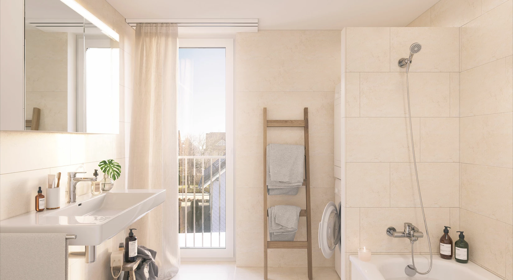 Modernes Badezimmer mit Waschtisch, Spiegel, Badewanne und Dusche in beigen Fliesen, mit Balkontür und Handtuchleiter in Egerkingen.