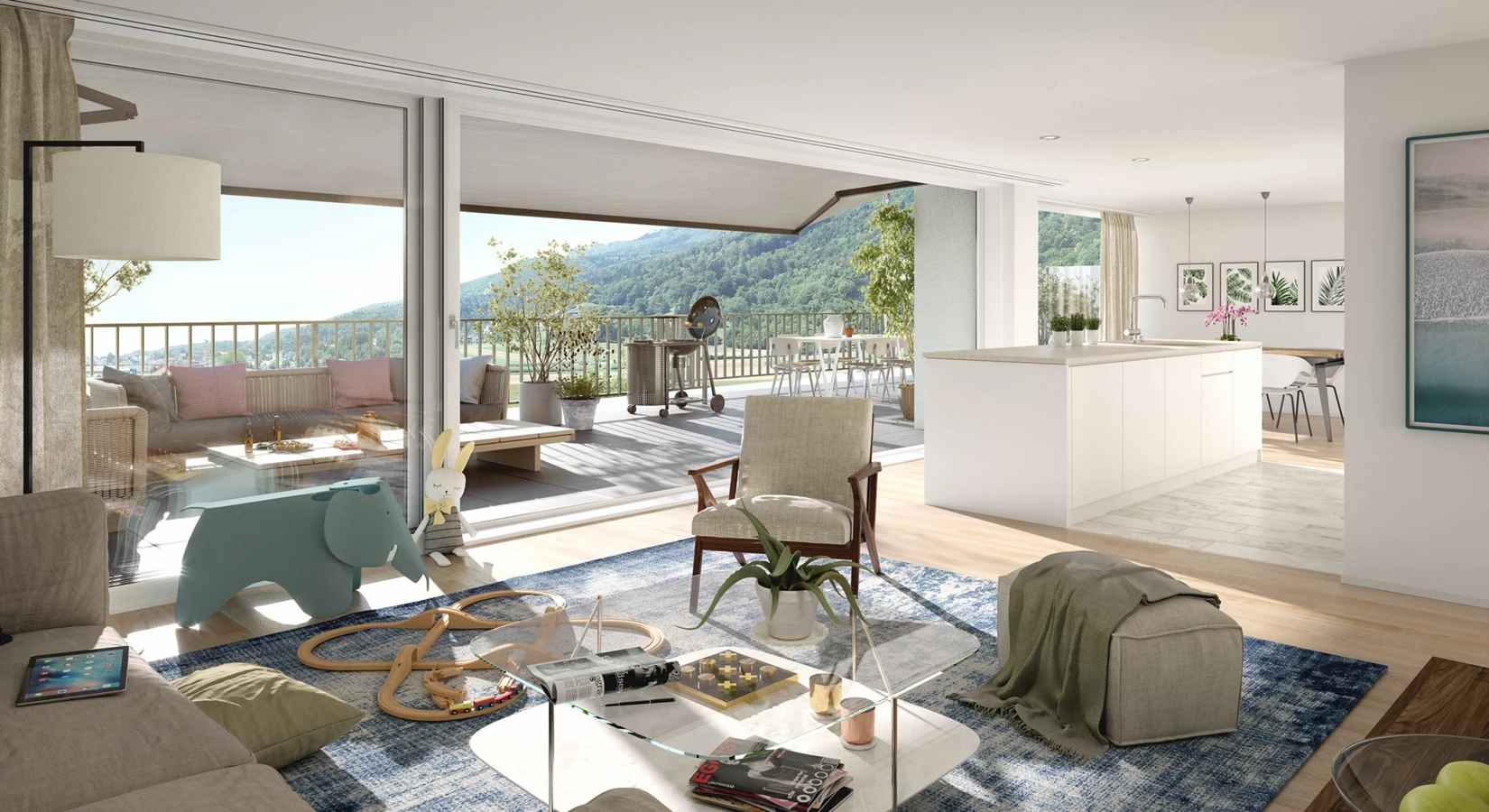 Modernes Wohnzimmer mit offener Küche und grossem Balkon mit Bergblick in Egerkingen.