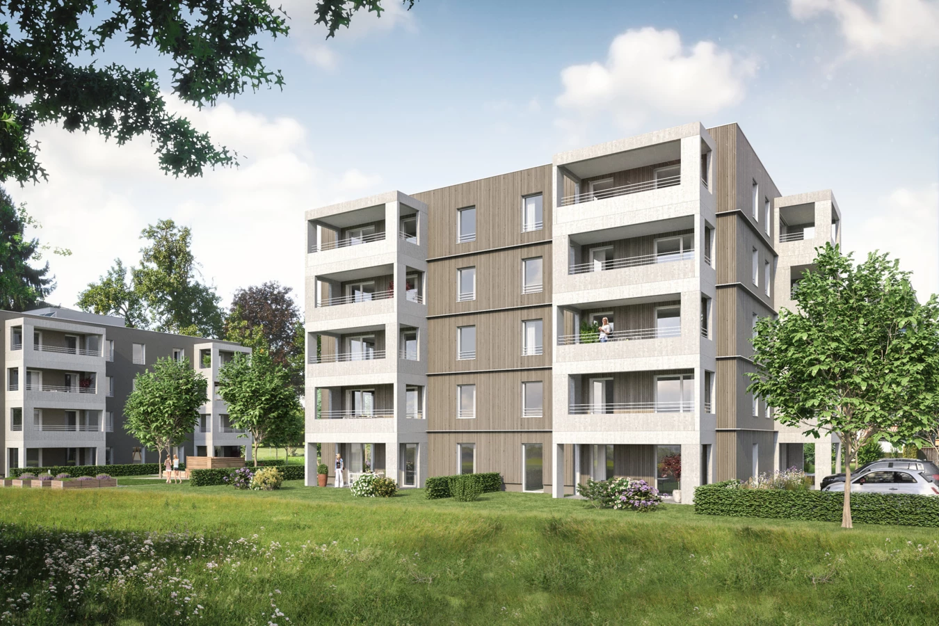 Visualisierung des visionären Projekts von Rhomberg Bau und Wohnbauselbsthilfe in Wolfurt: In der Lerchenstraße entstehen zwei weitgehend identische Wohnhäuser - eines in Massivbauweise, eines komplett in Holz.