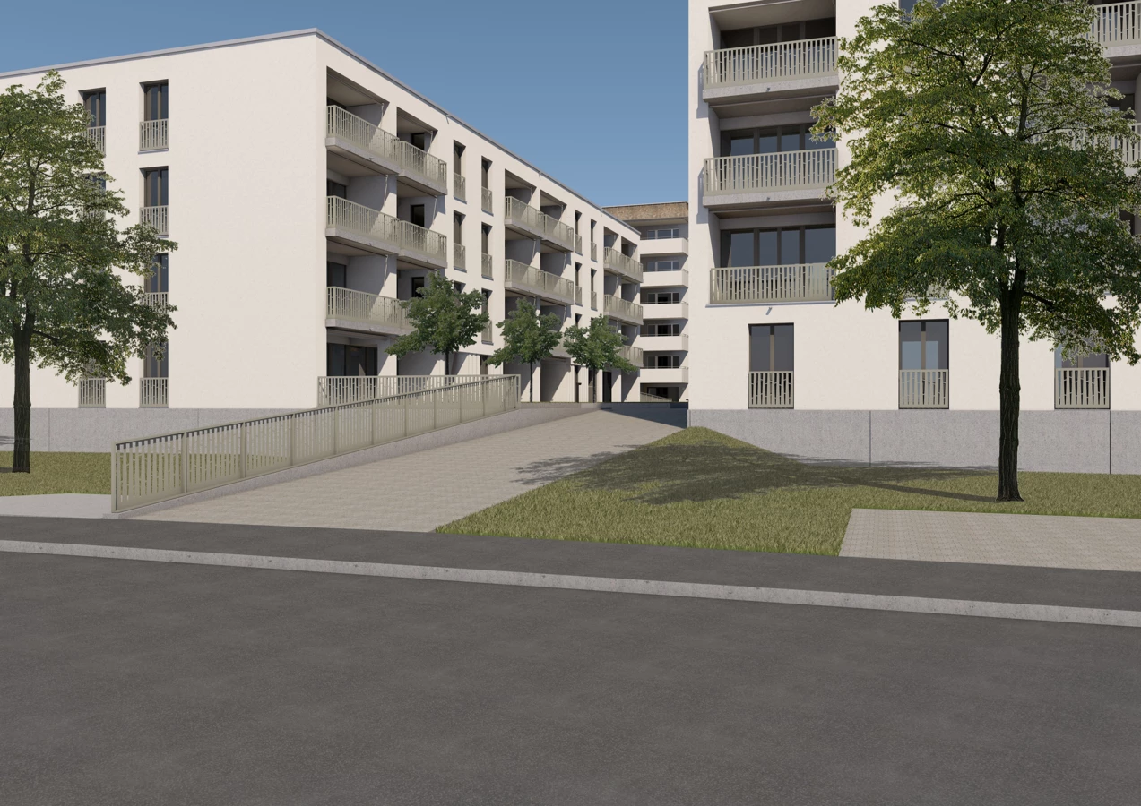 Mehrere weiße Apartmentgebäude mit Balkonen, durch eine Rampe und kleine Bäume getrennt, am Projekt Rapperswil-Jona.