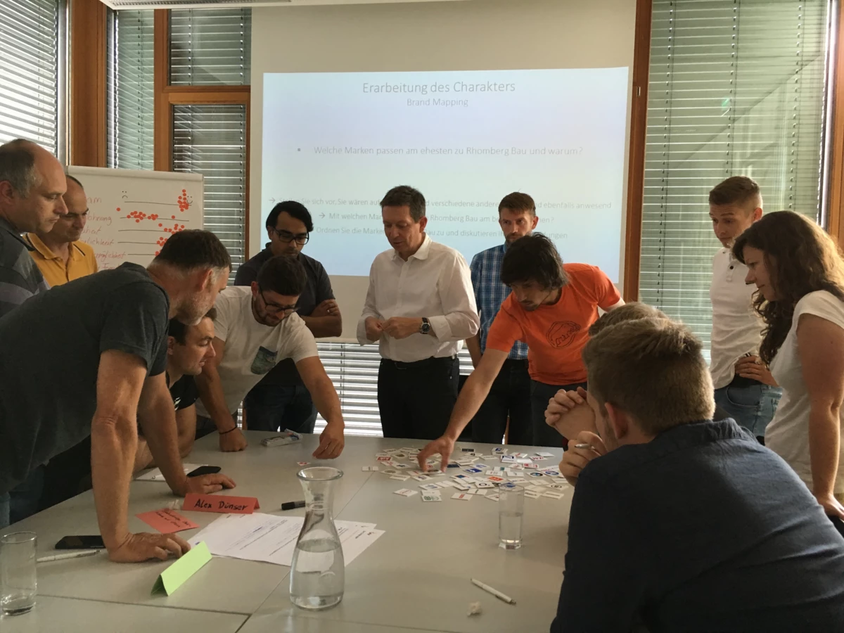 Eine Gruppe von Menschen arbeitet bei einem Workshop am Tisch, mit "Erarbeitung des Charakters" und "Brand Mapping" auf einer Projektionsfläche.