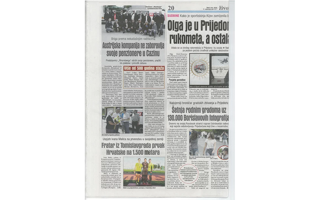 A full-page print newspaper showing multiple articles in Bosnian covering various topics including Rhomberg's visit (Bosnische, daily newspaper, visit).