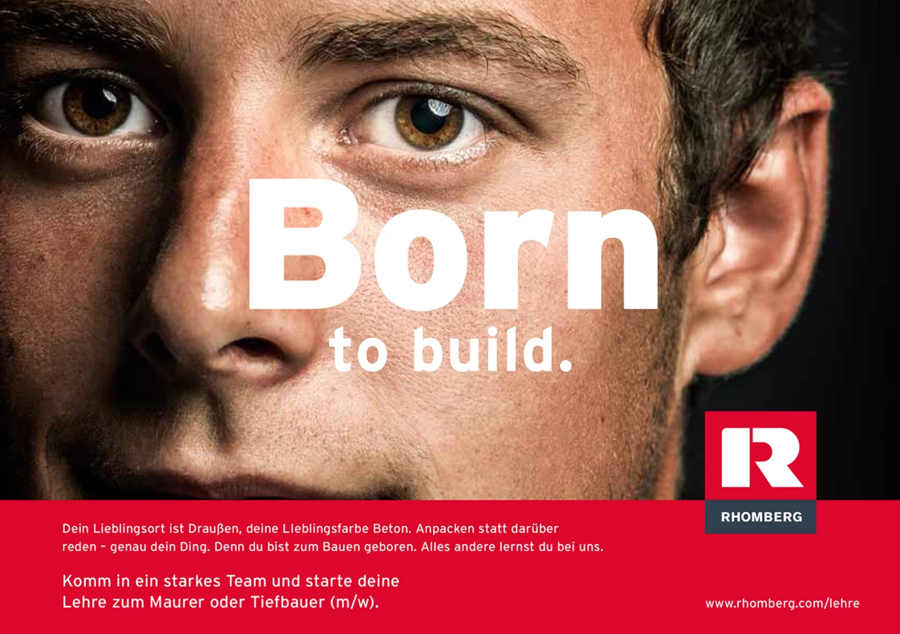 Nahaufnahme eines Männergesichts mit Text „Born to build“ und Lehrstellenhinweis
