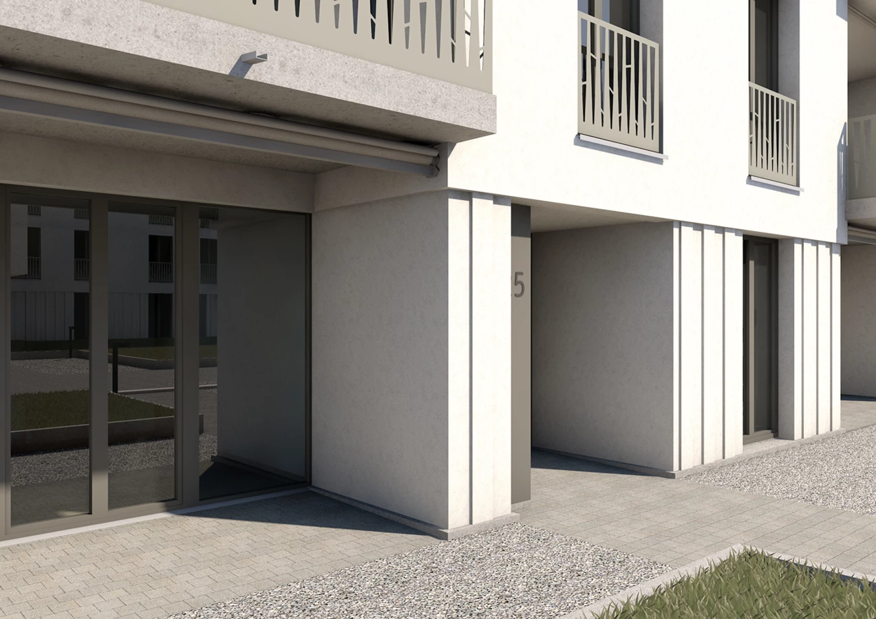 Eingang zu Haus 25, eine moderne minimalistische Fassade mit großen Glasfronten und der Nummer 5 (Rapperswil, Jona).