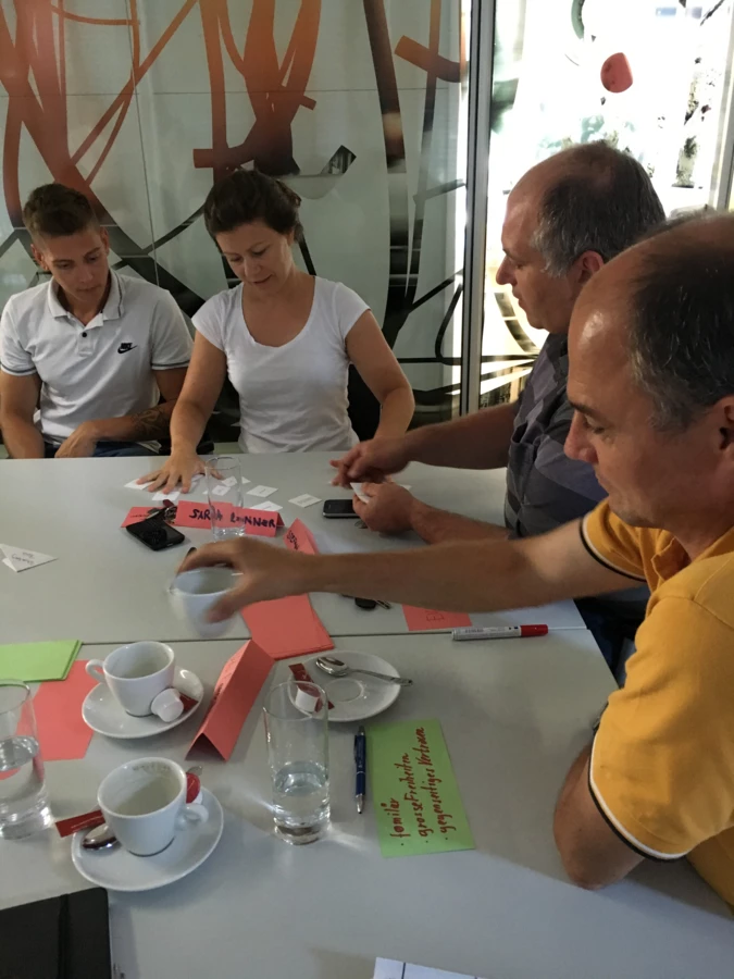 Teilnehmer eines Workshops sitzen an einem Tisch, diskutieren und ordnen Karten mit Notizen. Kaffeetassen und Wassergläser stehen auf dem Tisch.