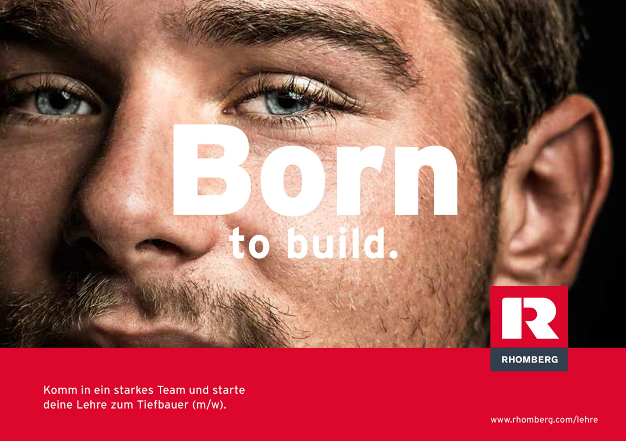 Männergesicht mit Text „Born to build“ und Hinweis auf Lehre zum Tiefbauer