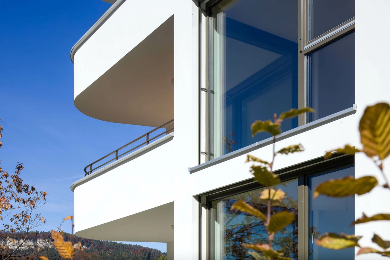 Moderne weiße Wohnbalkone und Fenster einer Wohnanlage an der Wolf-Huber-Straße in Feldkirch unter blauem Himmel, mit Herbstlaub im Vordergrund.