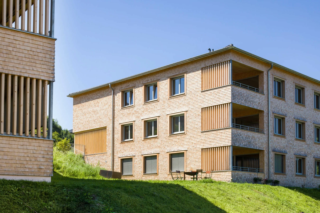 Zwei moderne Mehrfamilienhäuser mit Holzfassaden und Balkonen auf einem grünen Hügel in Alberschwende (Wohnanlage).