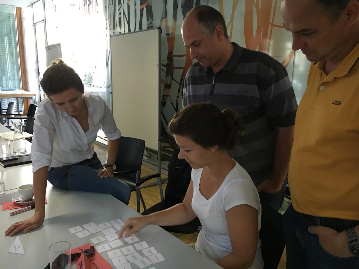 Vier Personen, zwei Frauen und zwei Männer, nehmen an einem Workshop teil und sortieren Karten auf einem Tisch.